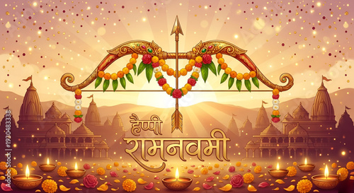 Divine Hindu cultural artwork vector illustration showing ceremonial bow arrow marigold garland diya temple skyline and spiritual radiance for Ram Navami festival