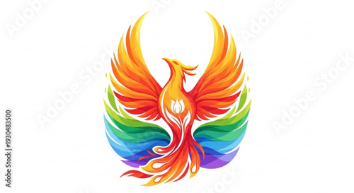 Vibrant rainbow phoenix bird rising with colorful wings spread wide in mid air