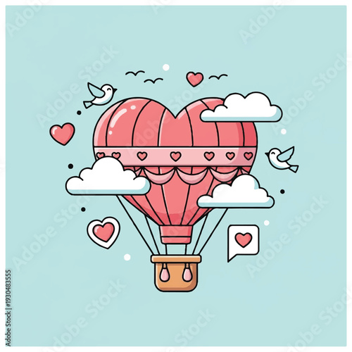 Heart Shaped Hot Air Balloon Illustration.