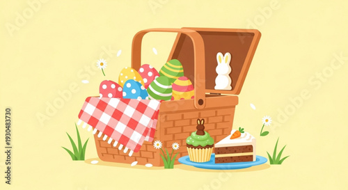 Colorful easter picnic basket with treats and decorations on a yellow background