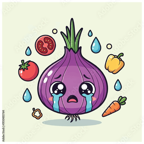 Crying Onion Character with Vegetables Around.
