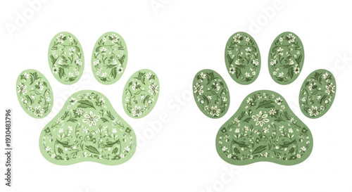 Two green paw prints side by side on white background symbolizing animal tracks or pet care