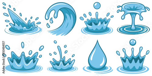 Water Splash and Drop Vector Set, Dynamic Liquid Shapes, Fluid Design Elements, Splashing Water Graphics, Droplet Illustrations, Vector Art