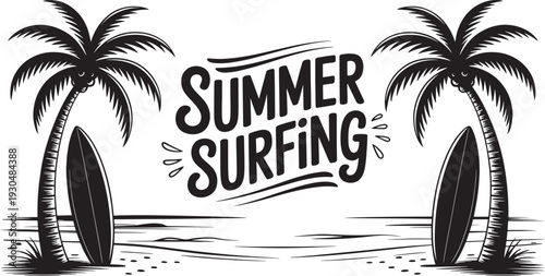 Summer surfing palm trees beach surfboard