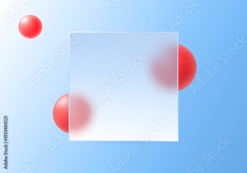 Abstract vector composition with translucent square panel and glossy red spheres on blue gradient background.