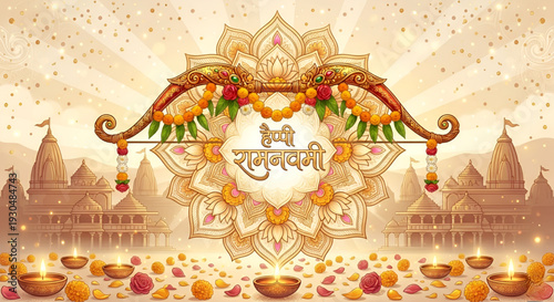 Elegant Hindu festival greeting vector illustration with ornate mandala lotus diya temple garland glow celebrating Ram Navami tradition design
