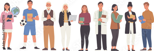 Diverse group of professionals and students standing together representing various occupations and career paths in flat vector illustration on white