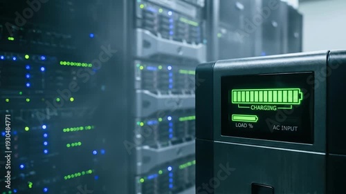 Data center energy consumption high voltage power cost concern modern server room with ups unit charging display load bar glowing green control panel focus detail backup battery monitor dark server