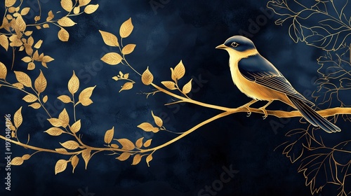 Textured Digital Art of Swallow on Golden Branch with Deep Blue Grunge Background