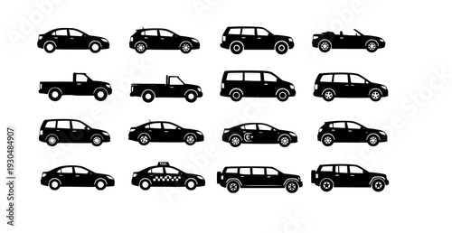 Car Types Silhouette Set Automobile Models Vector Icons on White Background