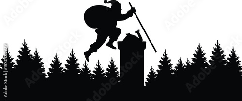 Black silhouette of Santa Claus jumping over chimney with gift sack in winter pine forest isolated on white background, vector