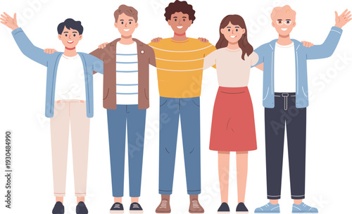 Diverse group of happy young friends standing together with arms around shoulders waving hands in flat vector illustration on white