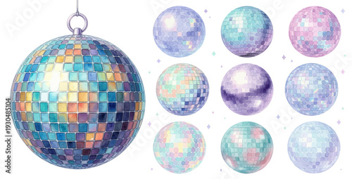A charming watercolor collection of disco balls, including pastel mirrors and rainbow mosaic reflections.