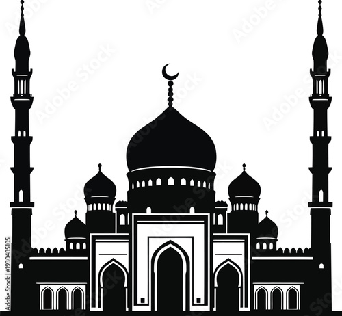 Black Silhouette of Grand Mosque with Domes and Minarets, Islamic Architecture Illustration