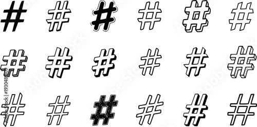 Collection of various hashtag symbols in different styles, including solid, outlined, 3D, and hand-drawn designs, perfect for social media, typography, and graphic design.