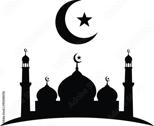 Black Silhouette of Grand Mosque with Domes and Minarets, Islamic Architecture Illustration
