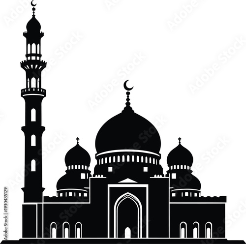 Black Silhouette of Grand Mosque with Domes and Minarets, Islamic Architecture Illustration