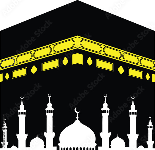 Kaaba with Mosque Silhouette and Golden Details, Islamic Holy Site Illustration