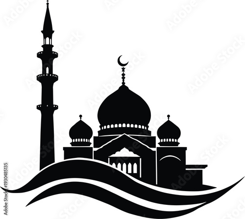 Black Silhouette of Grand Mosque with Domes and Minarets, Islamic Architecture Illustration