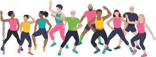 Diverse group of multiracial people of different ages and body types dancing together in a fitness class, flat vector illustration.