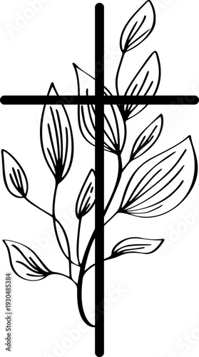Cross vector intertwined with botanical leaves symbolizing easter faith, spiritual growth, life and christianity and hope resurrection