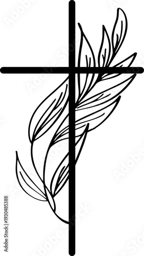 Cross vector intertwined with botanical leaves symbolizing easter faith, spiritual growth, life and christianity hope resurrection
