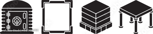 Four black isometric including a safe a frame a stack and a table