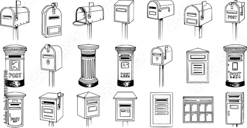 Collection of Hand-Drawn Mailboxes and Post Boxes. Various styles of postal letterboxes, from vintage pillar boxes to modern wall-mounted designs, communication and delivery icons set.