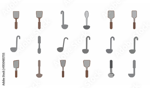 Kitchen tools filled icon vector set with spatulas and ladles in modern flat style