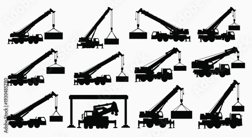 Mobile Crane Truck Silhouette Collection Illustration