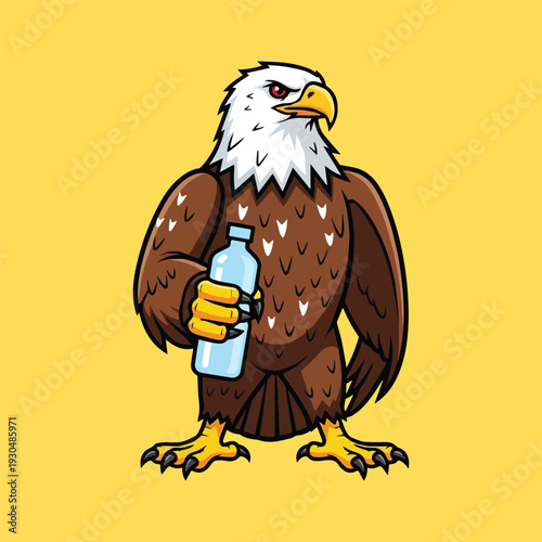 A majestic cartoon eagle stands confidently, clutching a refreshing bottle, embodying strength and a readiness to tackle any challenge with ample hydration