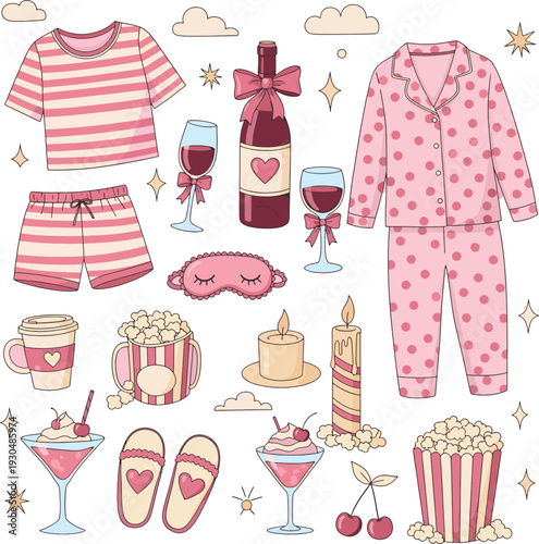 Charming collection of Italian summer vacation and cozy pajama party essentials featuring lemons wine gelato and loungewear for hand-drawn doodles or clipart illustrations icon set