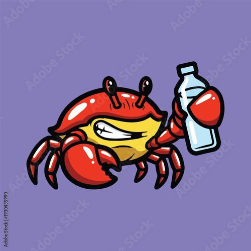 Vibrant red cartoon crab character with a determined expression, clutching a clear plastic bottle, representing marine life and environmental consciousness
