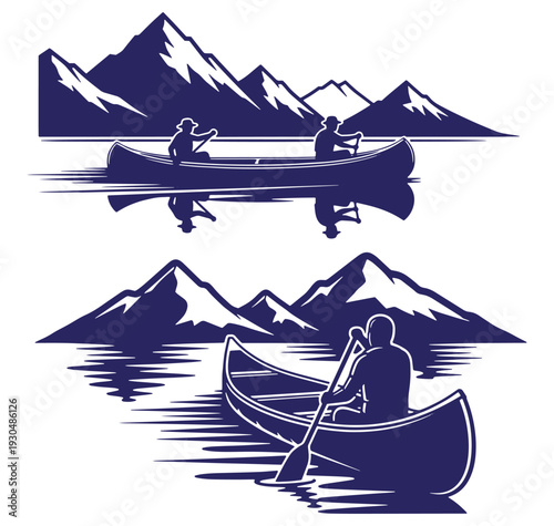 Canoe adventure silhouette scenes depicting mountainous landscapes and outdoor recreational activities
