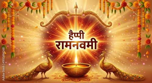 Festive golden diya peacock vector illustration with radiant light bow arrow symbol floral garland decor and divine ram navami celebration background