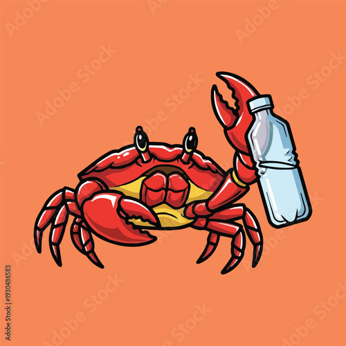 An adorable cartoon crab holding a plastic water bottle, symbolizing pollution and environmental impact on marine life, with an orange background