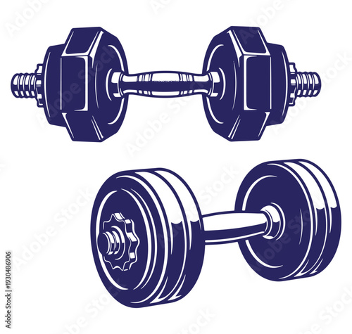 Two detailed blue dumbbell illustrations ideal for fitness workout and gym related design projects