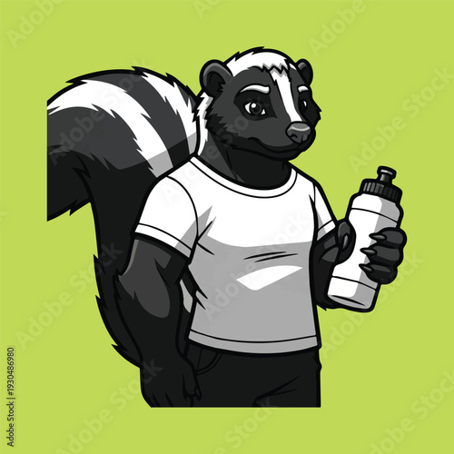 Vibrant Cartoon Skunk Character Promotes Active Lifestyle with Hydration, Holding a Water Bottle in a Sporty Illustration for Wellness and Fitness Themes