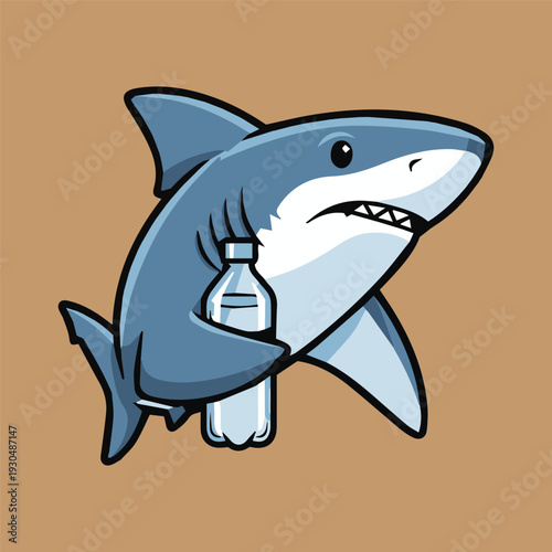 Illustration of a shark holding a plastic bottle, symbolizing environmental awareness and conservation efforts