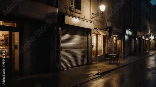 At night, a quiet, rain-slicked street shows shuttered shops and warm windows, a lone streetlamp glowing over wet pavement and empty tables, as reflections stretch along the deserted narrow lane.