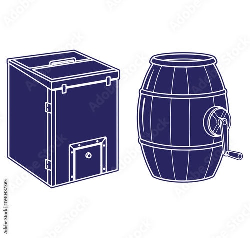Vector illustration depicting a cream separator and a wooden barrel with a hand crank for butter making