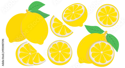 Yellow lemon. Fresh citrus slices and leaves  Lemonade fruit cartoon isolated vector illustration set. Whole, half and piece of lemon, tasty juicy and organic product