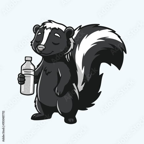 Cute cartoon skunk holding a water bottle with its eyes closed, appearing refreshed and happy on a light blue background