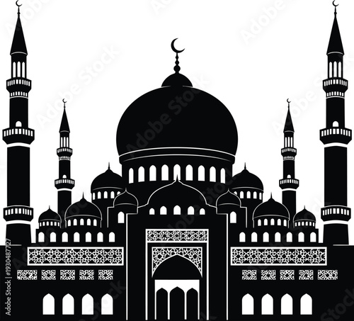 Black Silhouette of Grand Mosque with Domes and Minarets, Islamic Architecture Illustration