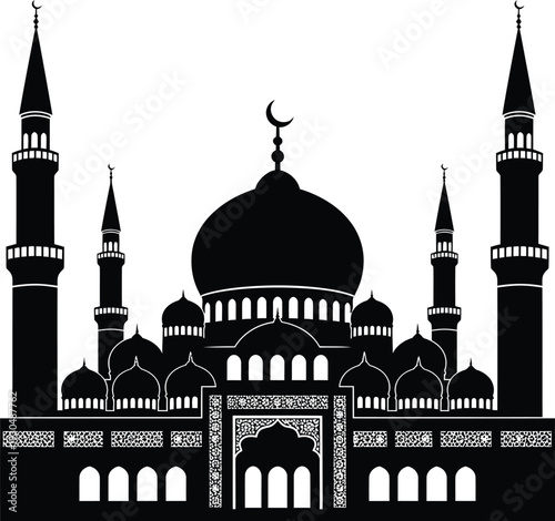 Black Silhouette of Grand Mosque with Domes and Minarets, Islamic Architecture Illustration