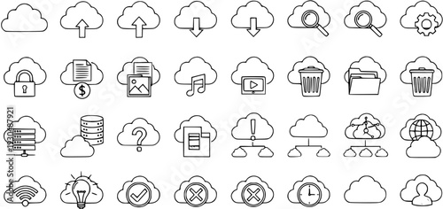 Cloud computing outline icons set, featuring various linear symbols for data storage, networking, security, search, and service concepts.