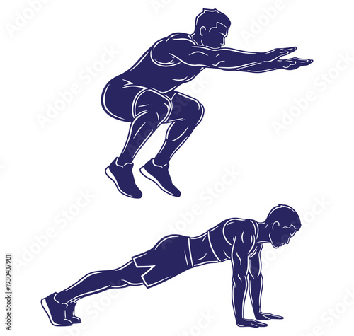 Vector illustration of a man performing jumping squats and plank exercises for fitness