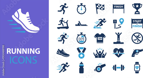 Running and Fitness Icon Set for Marathon Training Sports Athletics Workout and Healthy Lifestyle Symbols,