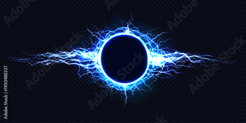 Thunder circle with glowing energy ring and electric bolt on dark background. Magic portal effect with neon blue lightning, plasma burst and vivid spark. Abstract power sphere with flash element.