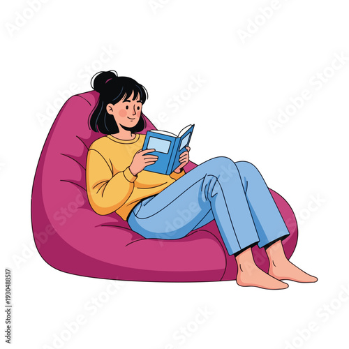 A cartoon young woman reading a book while sitting comfortably on a large pink bean bag chair with a cute and relaxed demeanor.